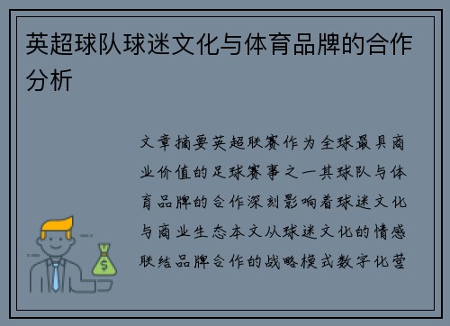 英超球队球迷文化与体育品牌的合作分析