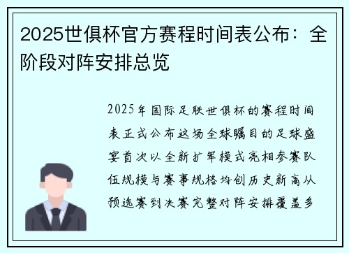 2025世俱杯官方赛程时间表公布：全阶段对阵安排总览
